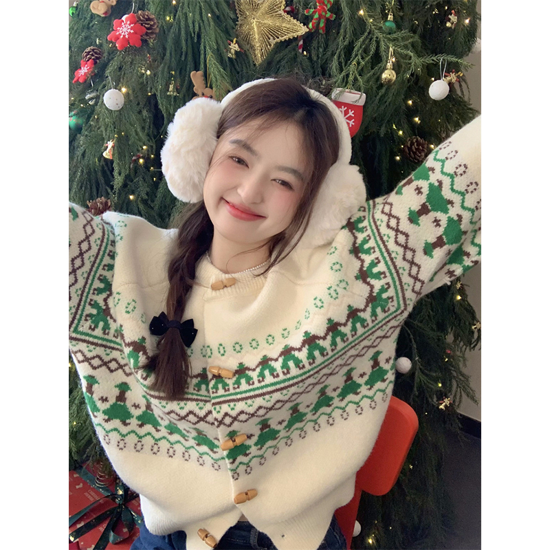 新年氛围感费尔岛毛衣开衫女秋冬软糯慵懒风牛角扣针织外套上衣春