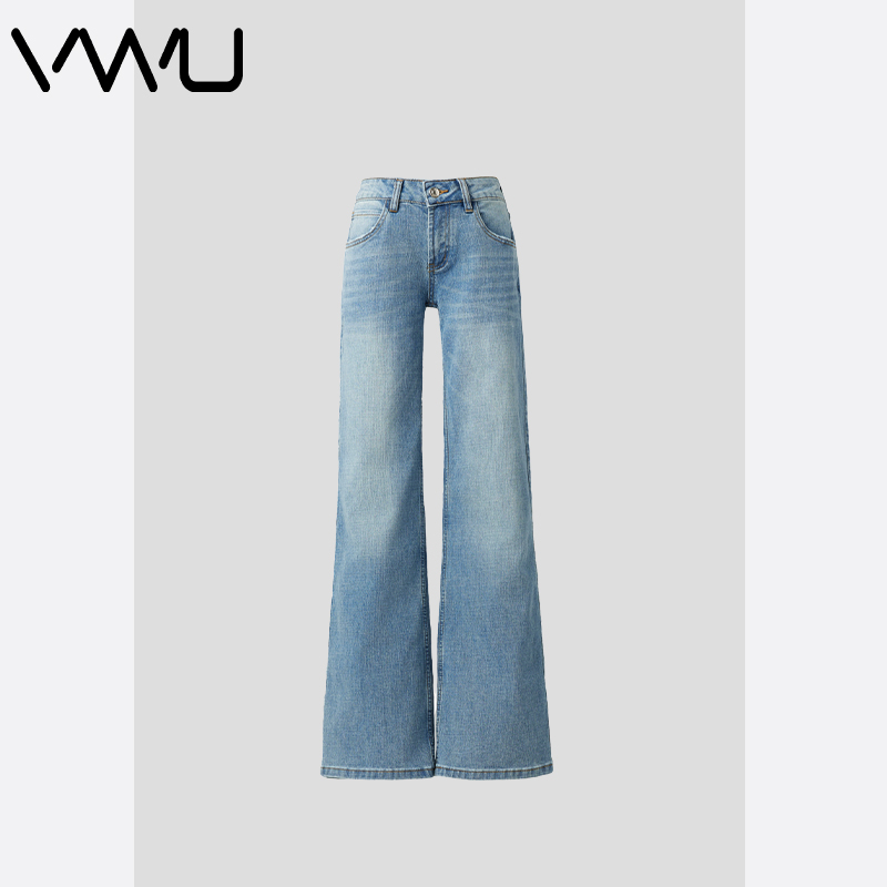 VWU 新款美式低腰弹力竹节纤维纹直筒牛仔裤浅色拖地裤长裤&加长