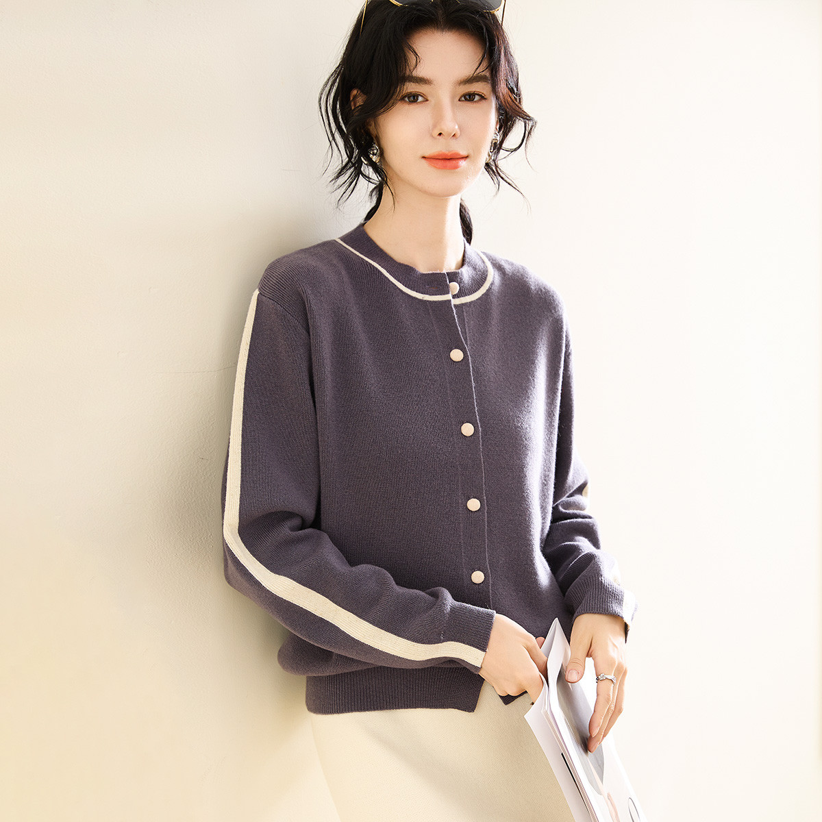 【纯羊毛】简约拼色百搭开衫针织衫外套25秋冬圆领女羊毛衫TW193724