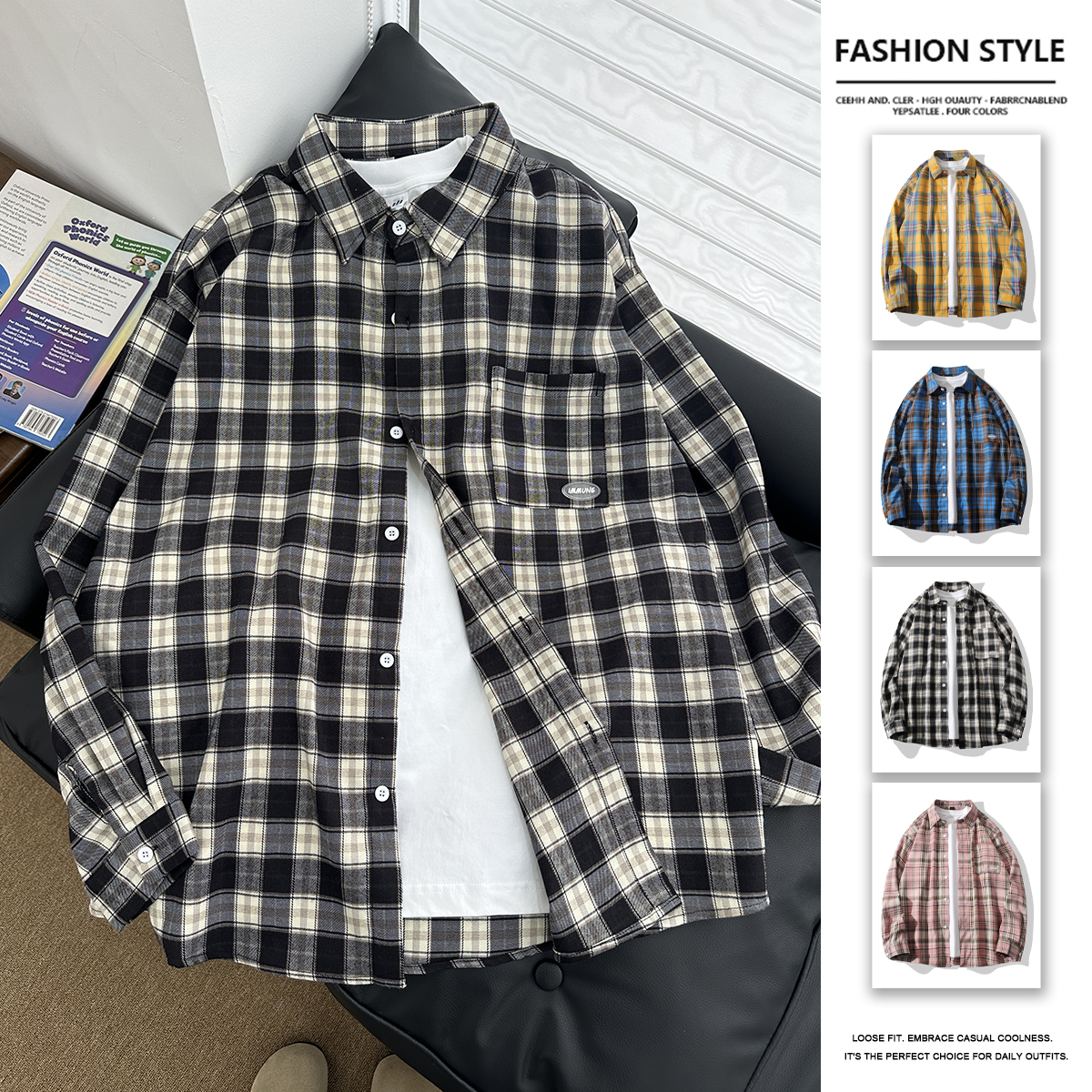 春夏防晒帅气黑色格子衬衫复古宽松情侣款长袖外套高级感休闲衬衣