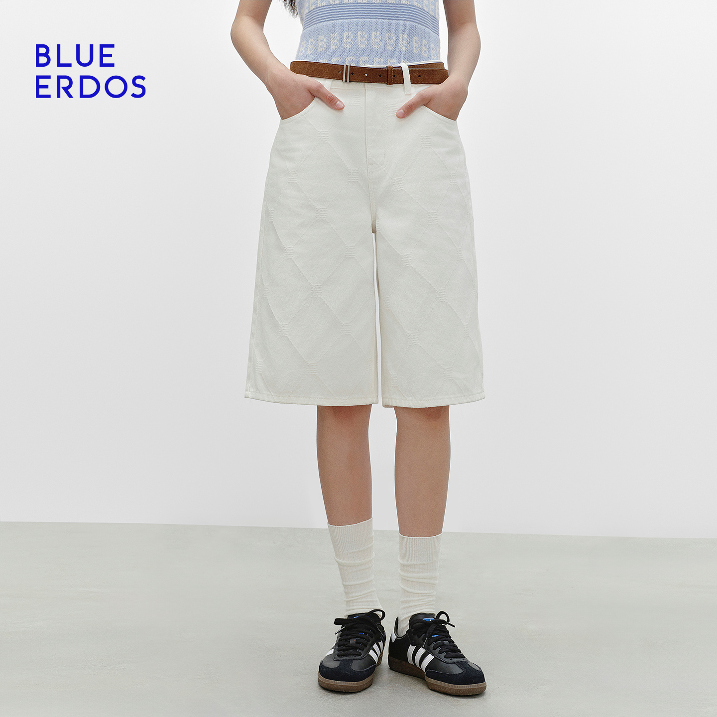 BLUE ERDOS25秋冬流光风新品复古提花白色牛仔五分裤B2256M003