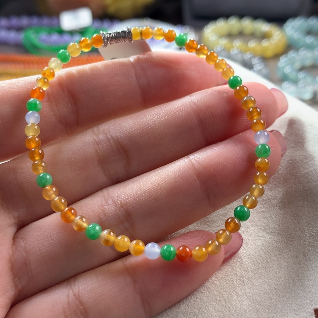 翡翠手链未镶嵌翡翠冰黄翡小米珠卡3+