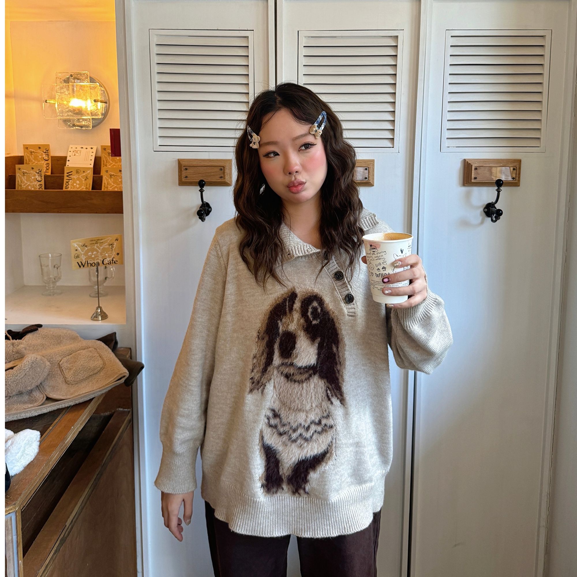 大码腊肠小狗翻领套头毛衣秋冬复古慵懒风针织衫8075