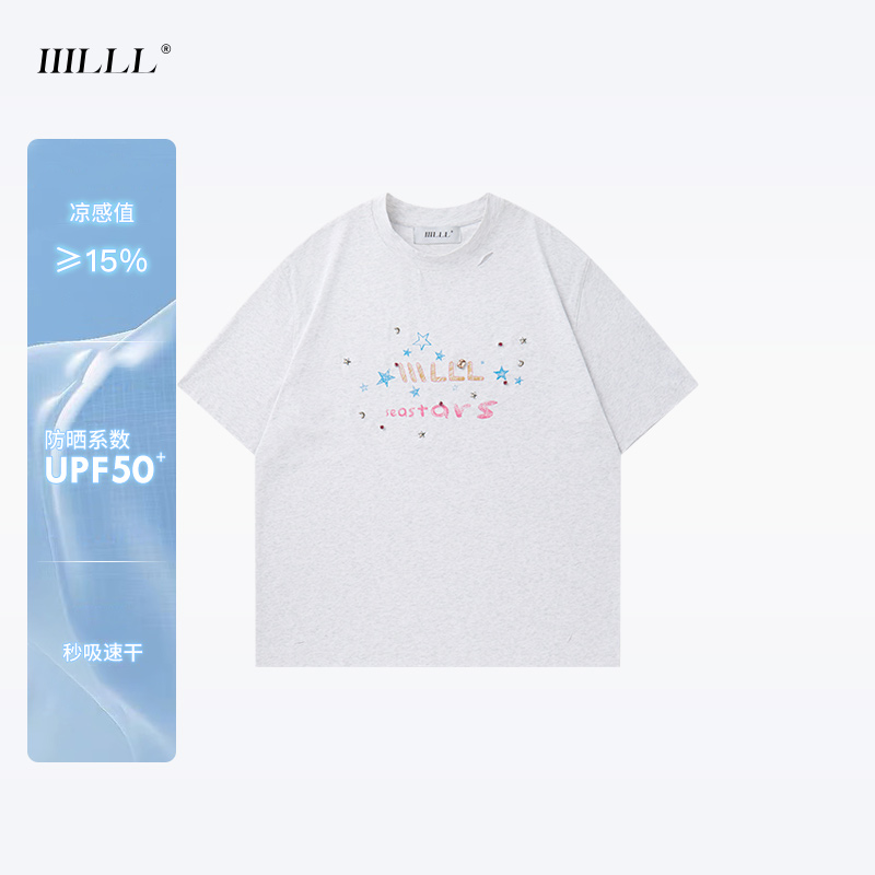 IIILLL童锦程 短袖T恤男女夏季星空手绘字母铆钉彩钻破洞情侣上衣
