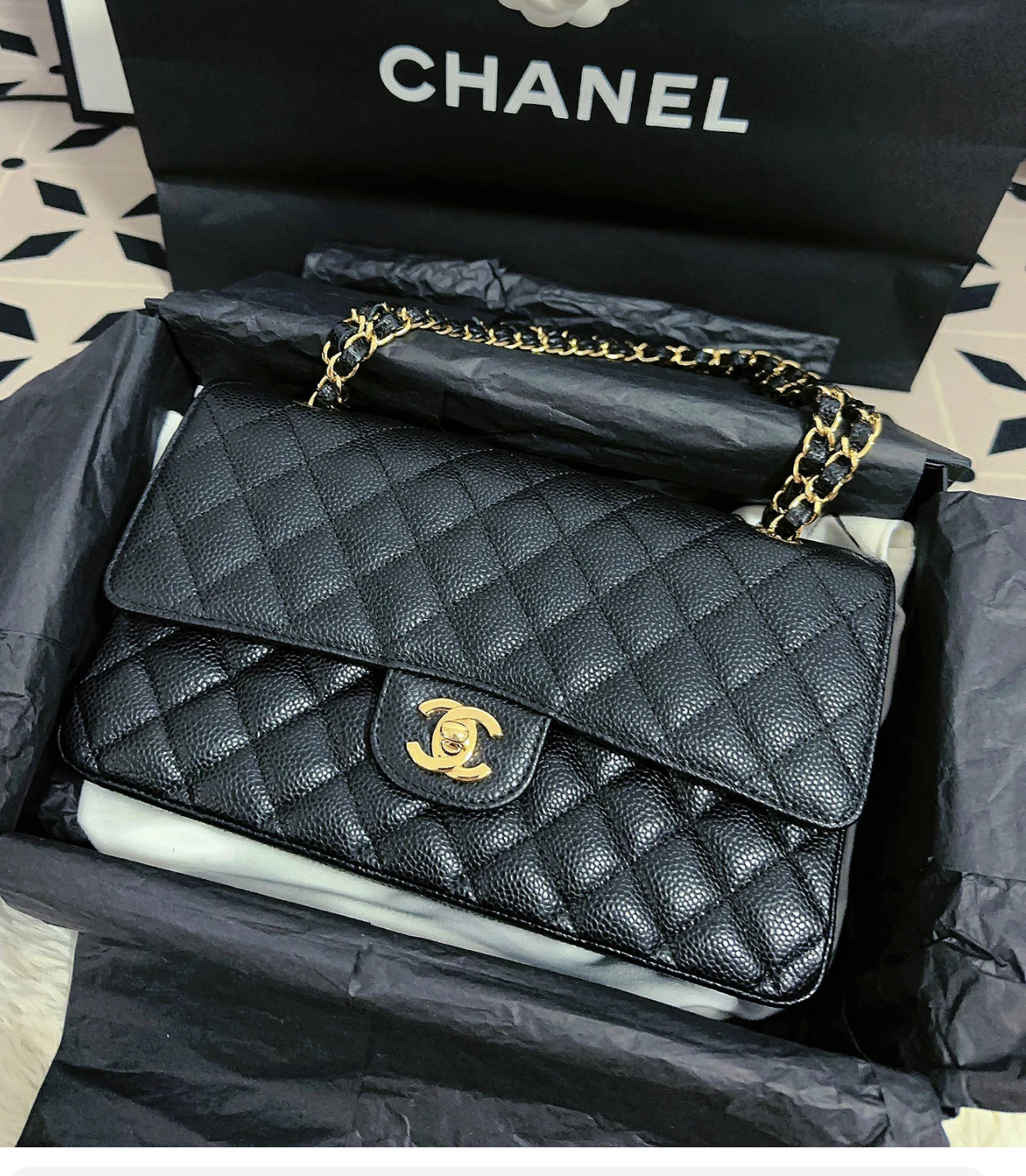 99新 Chanel/香奈儿 多多奢品/香奈儿芯片荔枝黑金中号CF挎包99新