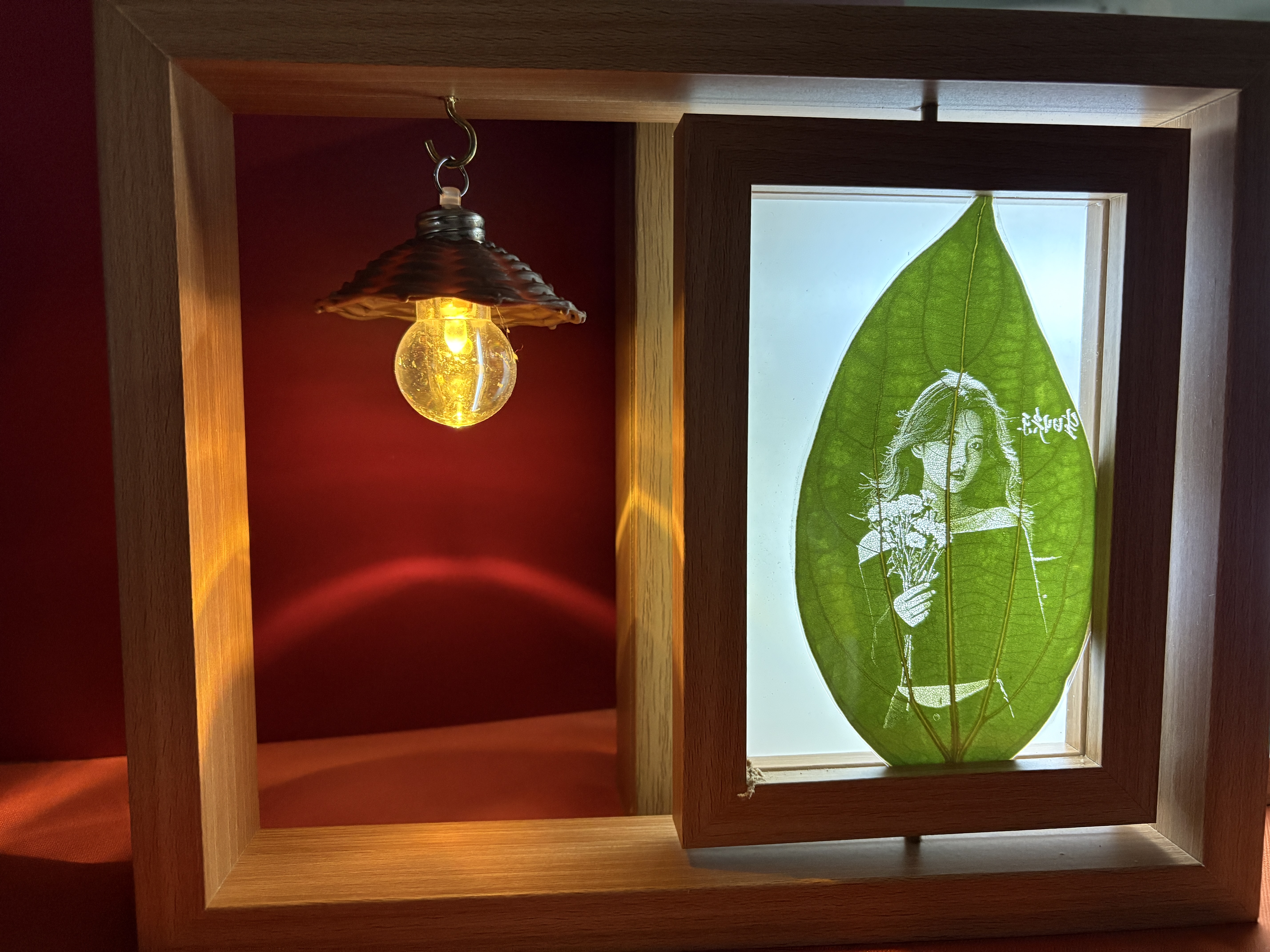 树叶雕刻灯光相框人物照片装裱摆台植物标本框送锤子玻璃画定制