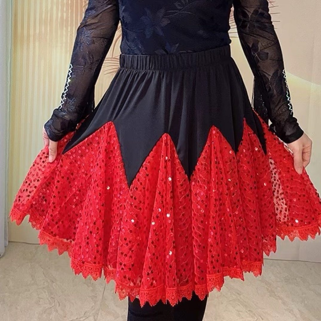 拼接蕾丝三步踩广场舞半身裙高腰大摆跳舞短裙新款舞裙