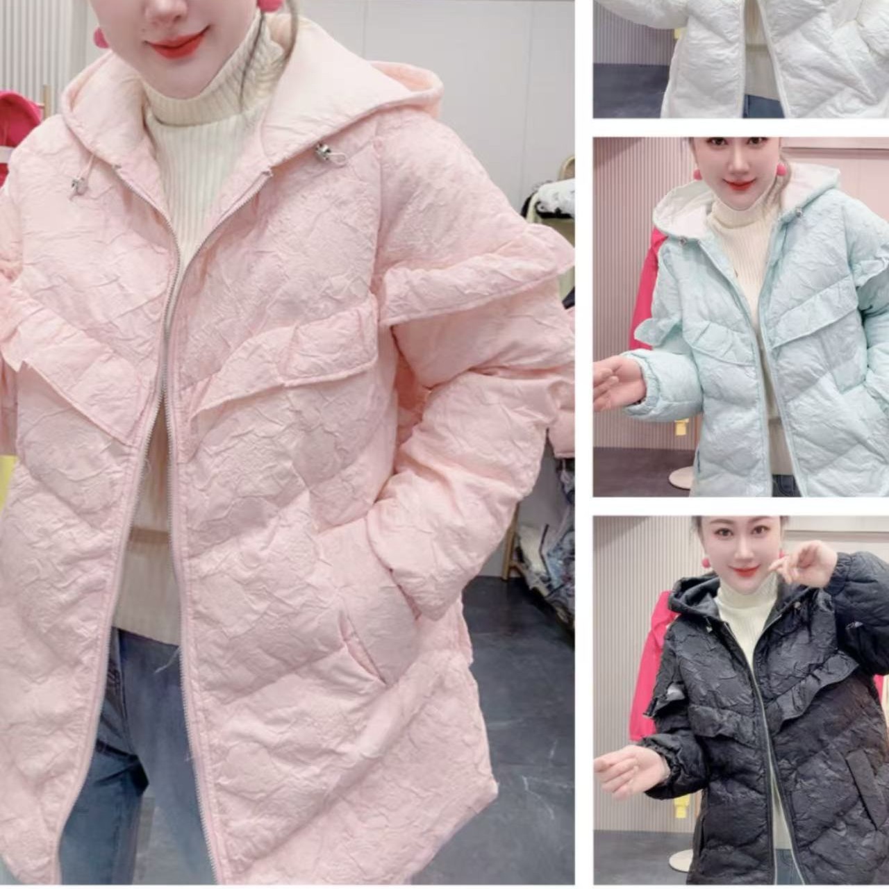 LL琳甜美糖果色木耳边连帽棉服外套长袖胖妹妹大码女装6138