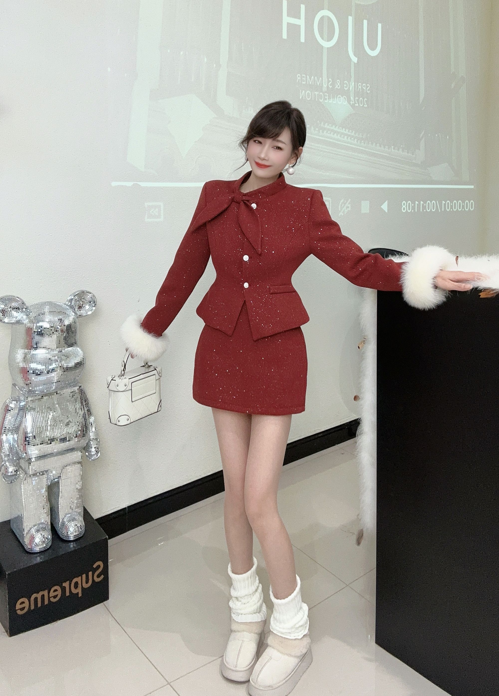 [春歌]精致小香风套装羽绒服上衣半裙袖口拼狐狸毛细闪高级两件套