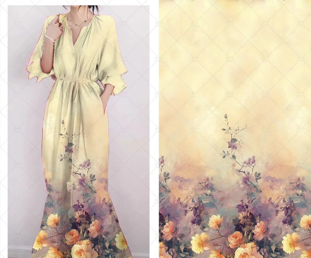 重磅棉绸.定位花淡黄色.春夏连衣裙旗袍面料凉快透气