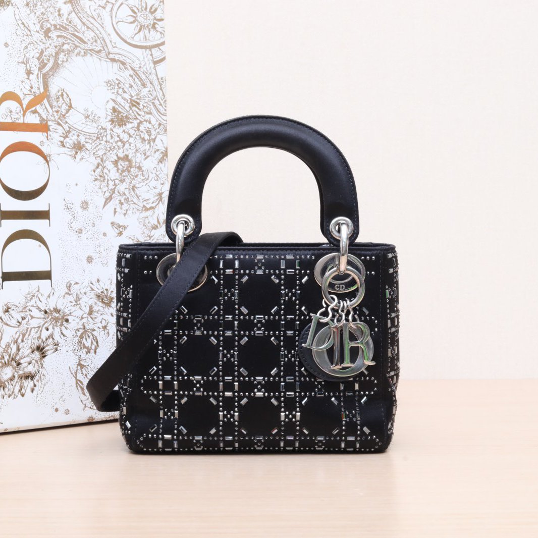 95新 DIOR/迪奥 小花双双 戴妃包 三格 黑色 缎面 银扣 2018