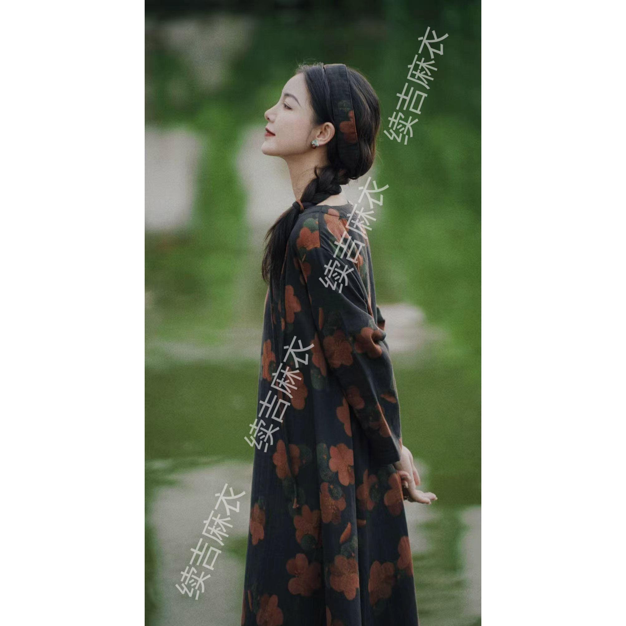 早秋-续吉麻衣25-1795【何念落日】圆领长袖气质国风宽松印花大袍子