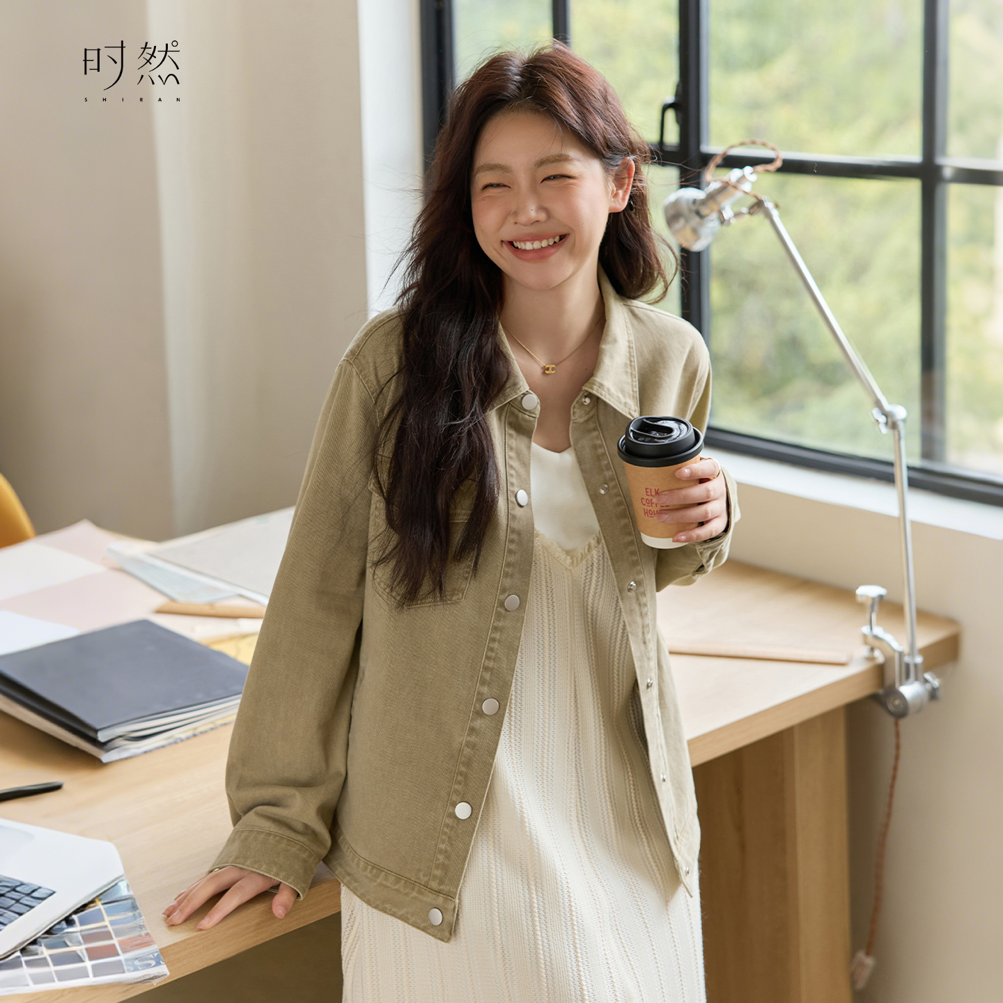 时然【秋野松苔】微胖大码女装松弛感宽松经典翻领水洗做旧牛仔外套