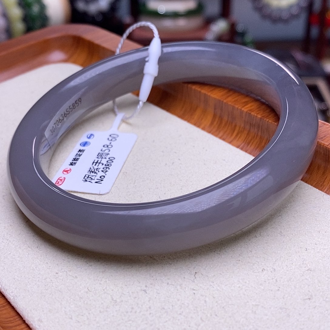 和田玉未镶嵌毕业级老矿料冰浓烟紫手镯59