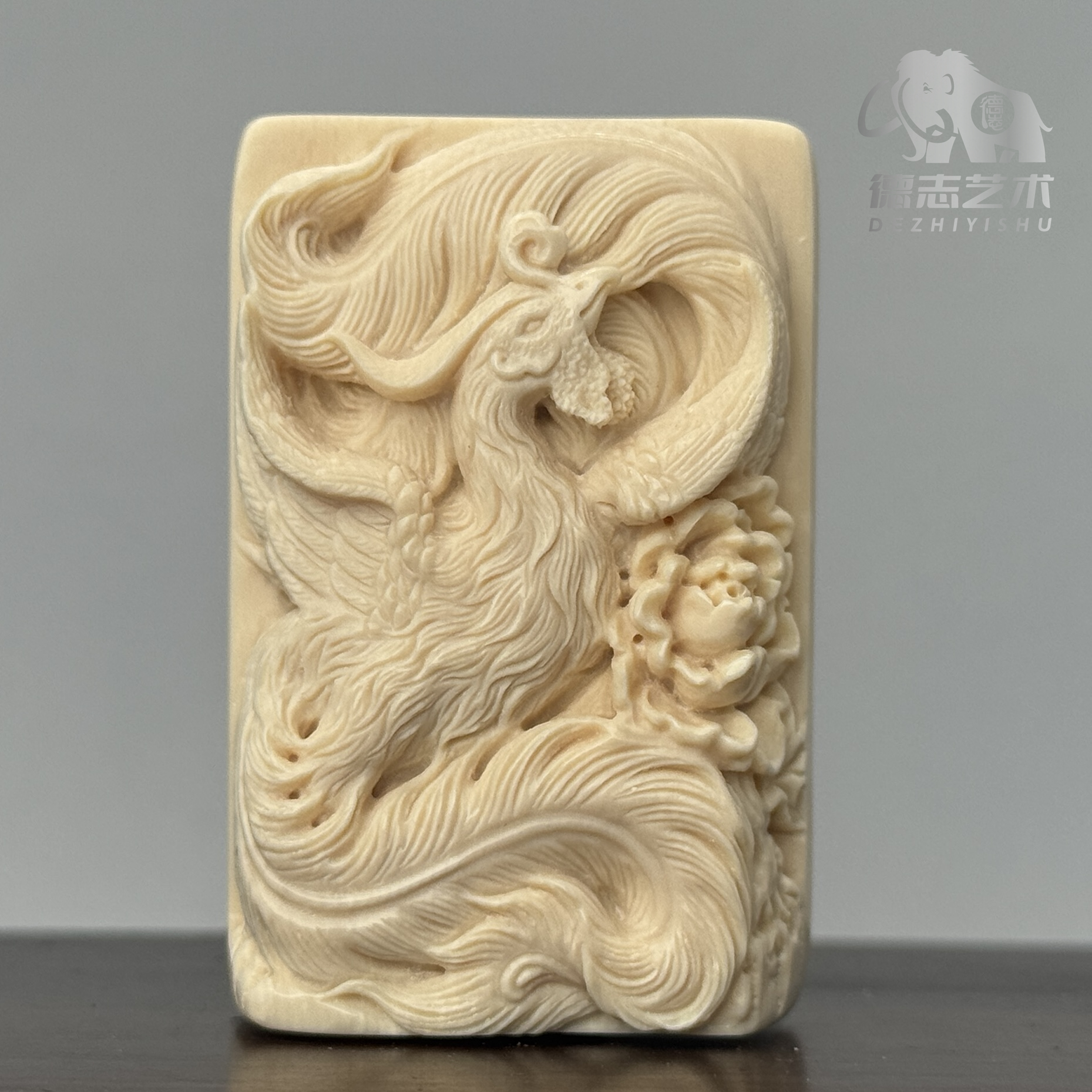 DEZHI/德志【凤戏牡丹】50*33*15mm精工手雕原创设计真猛犸牙吊坠