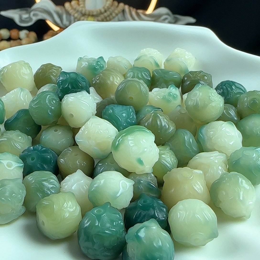 菩提根/象牙果手串卡13渐变绿醒狮20颗➕2颗