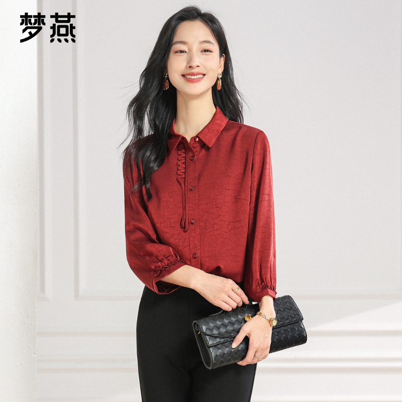 梦燕春秋女气质显瘦国风衬衣休闲百搭宽松上衣翻领小衫AA04B5036