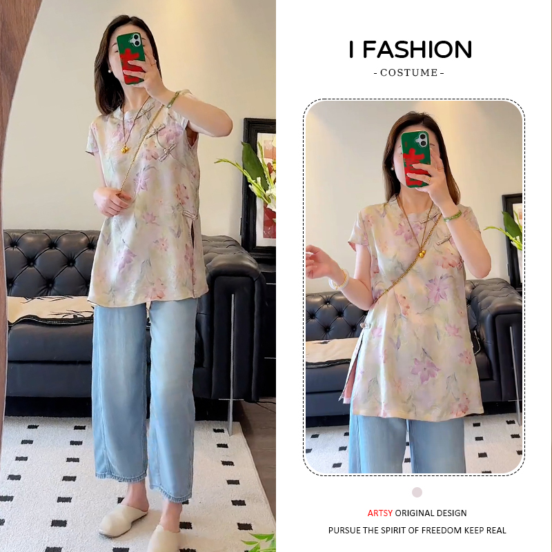 新中式国风休闲气质衬衫女2025年夏季新款盘扣印花百搭减龄上衣潮