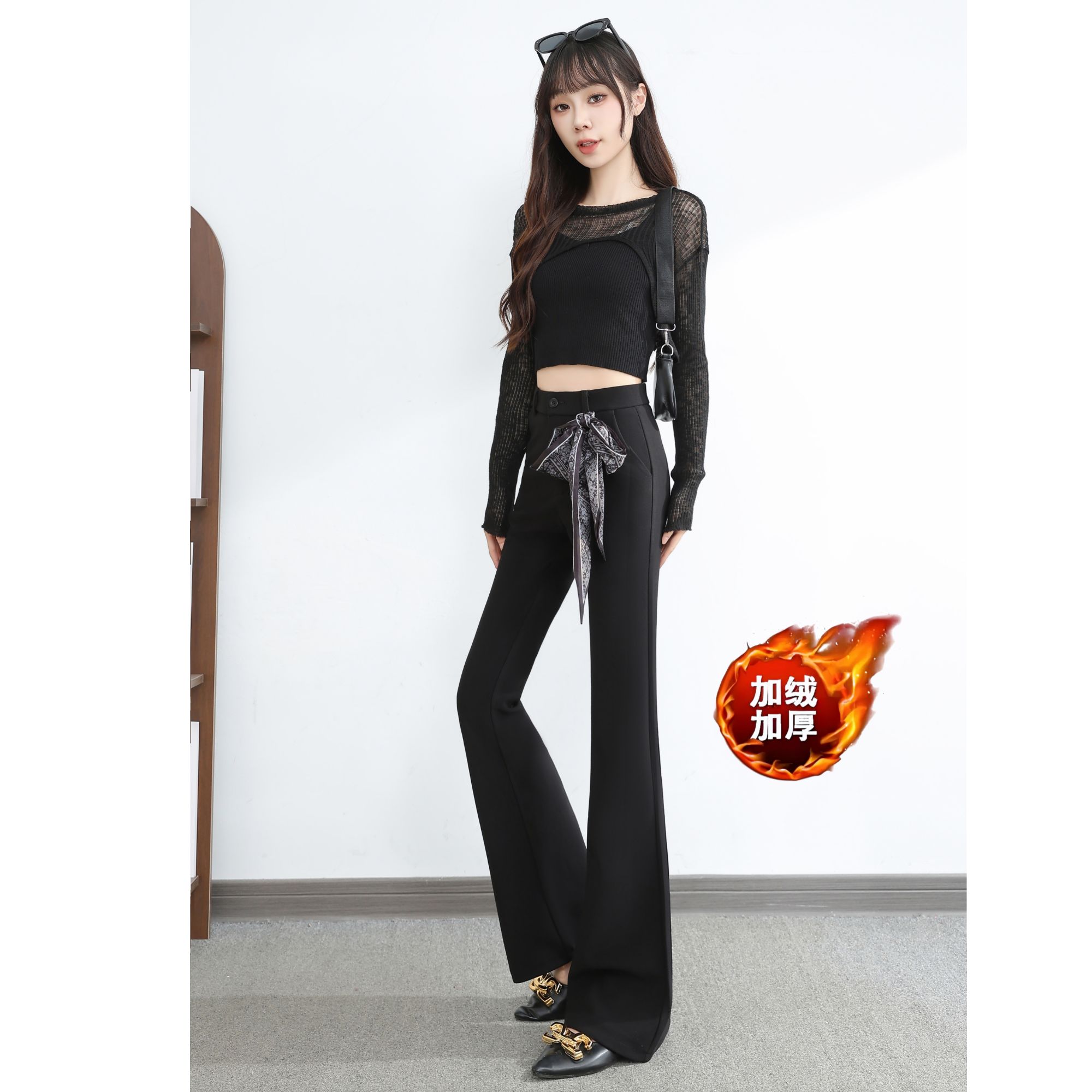99801加绒亲肤丝巾休闲马蹄西装裤女冬季高腰微喇裤修身拖地长裤