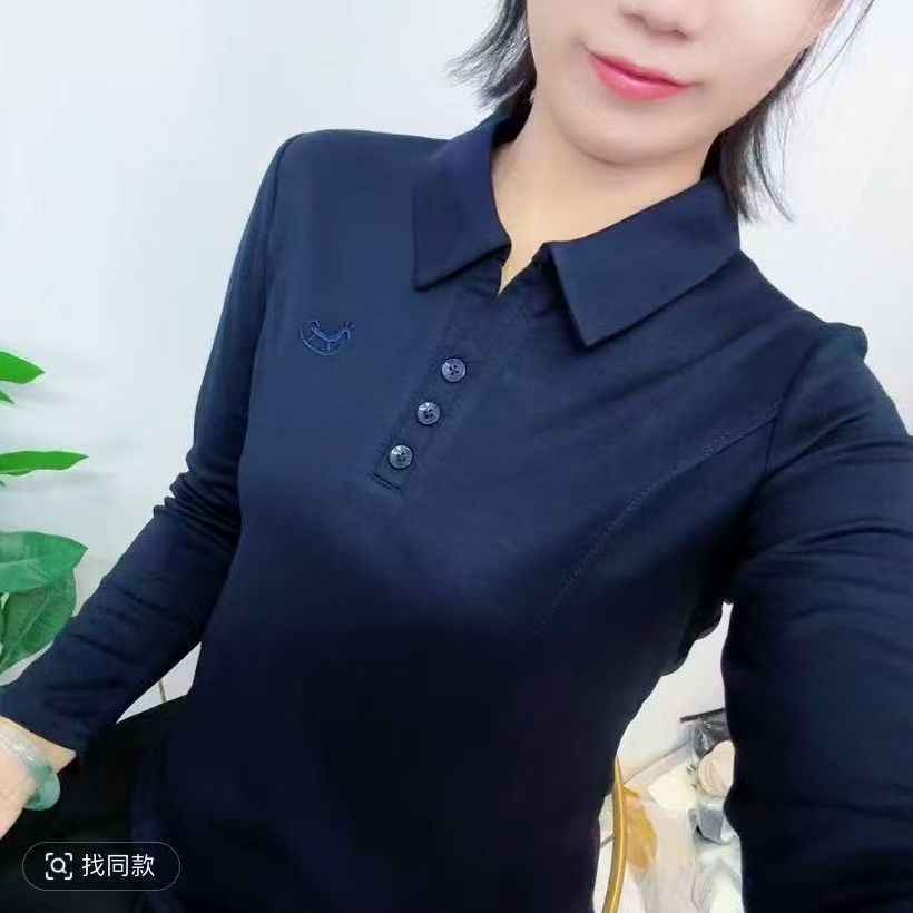 2025新款轻奢风立体显瘦纯色POLO领长袖T恤春秋时尚妈妈装