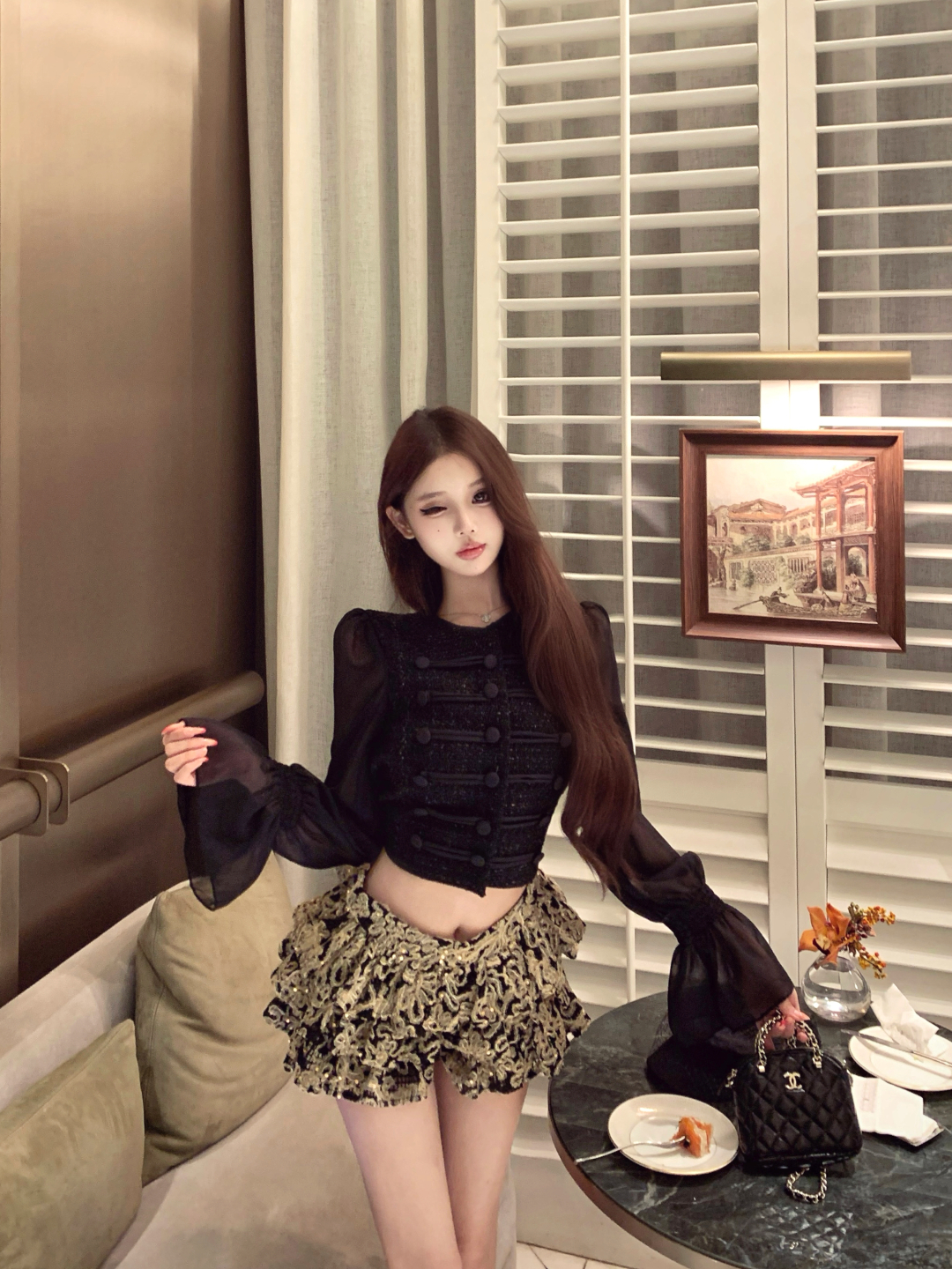 巴洛克拼接长袖衬衫&蕾丝刺绣短裙套装