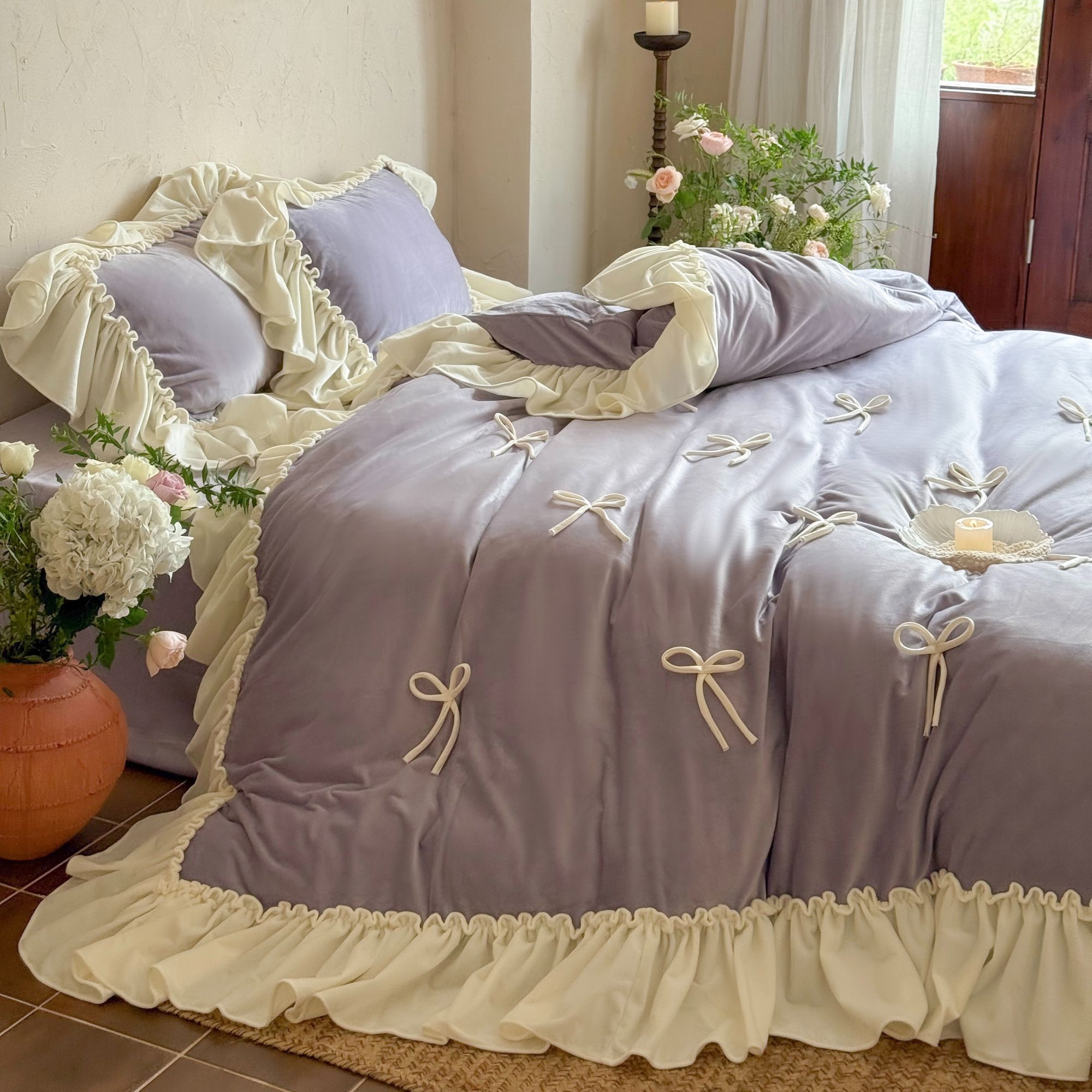 梅边【星空秘境】法式浪漫公主韩版荷叶边花边宝宝绒床单款四件套