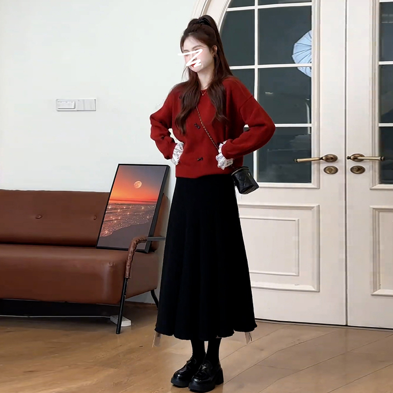 圣诞韩系红色毛衣针织连衣裙秋冬2025新款穿搭配OOTD一整套6713