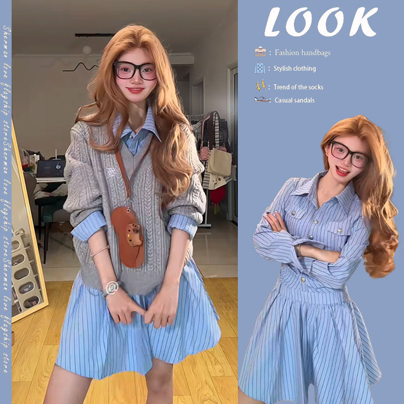【现货】韩系减龄慵懒针织毛衣学院风收腰长袖百搭衬衫连衣裙两件套