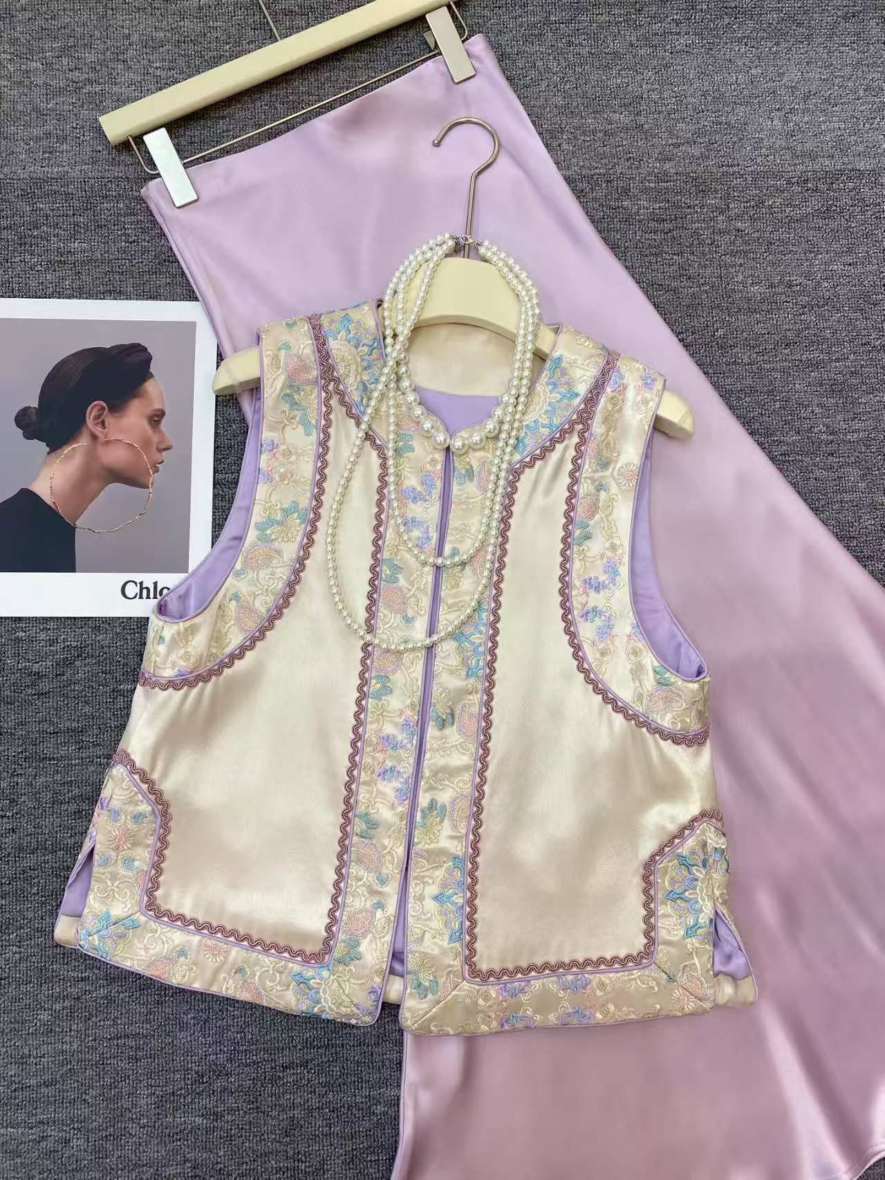 玛薇丝【瑰宝】醋酸拼接刺绣织带拼色新中式马夹