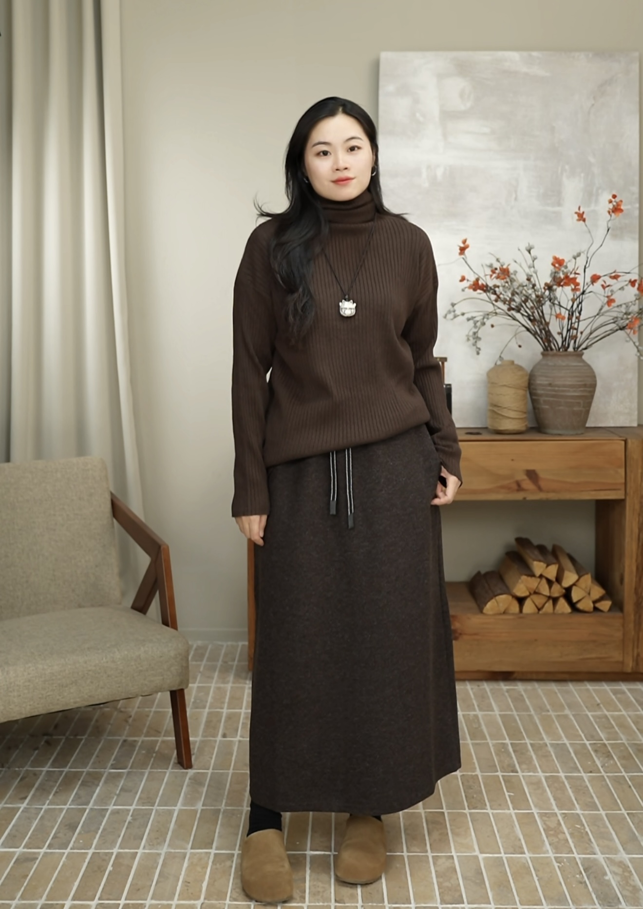 九月JIUYUE复古时尚下摆开叉冬季新款羊毛气质咖半身A字裙 68055