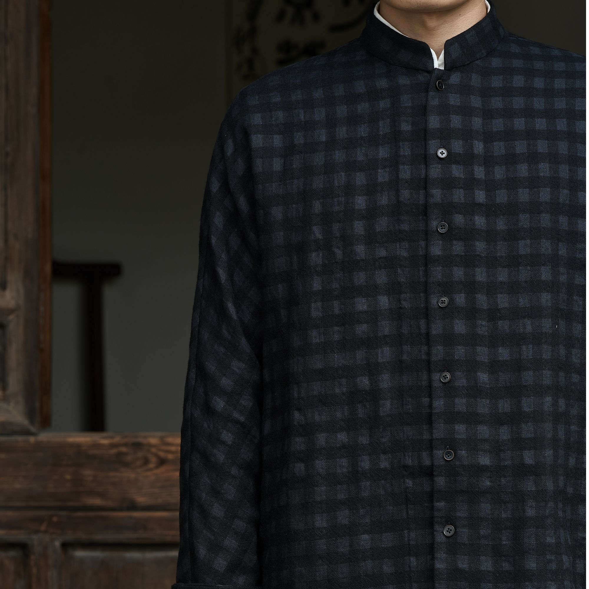 「慈航布衣」新中式格子亚麻羊毛混纺外套