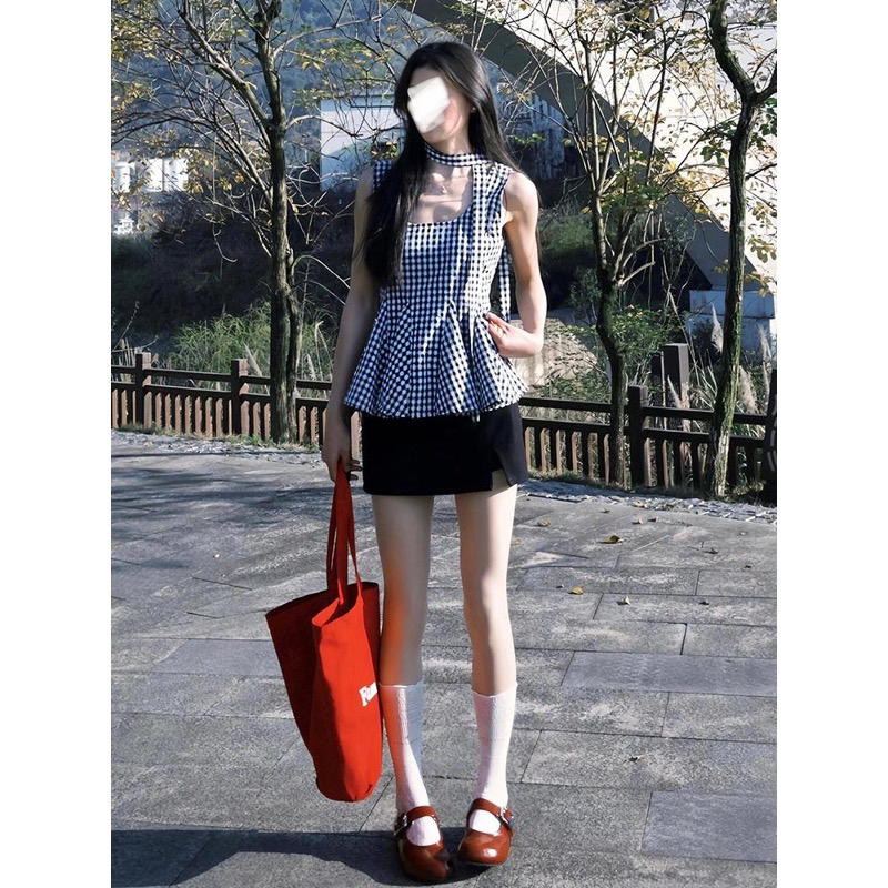 韩系三件套装高级感设计格子飘带背心上衣女夏日搭配高腰开叉短裙
