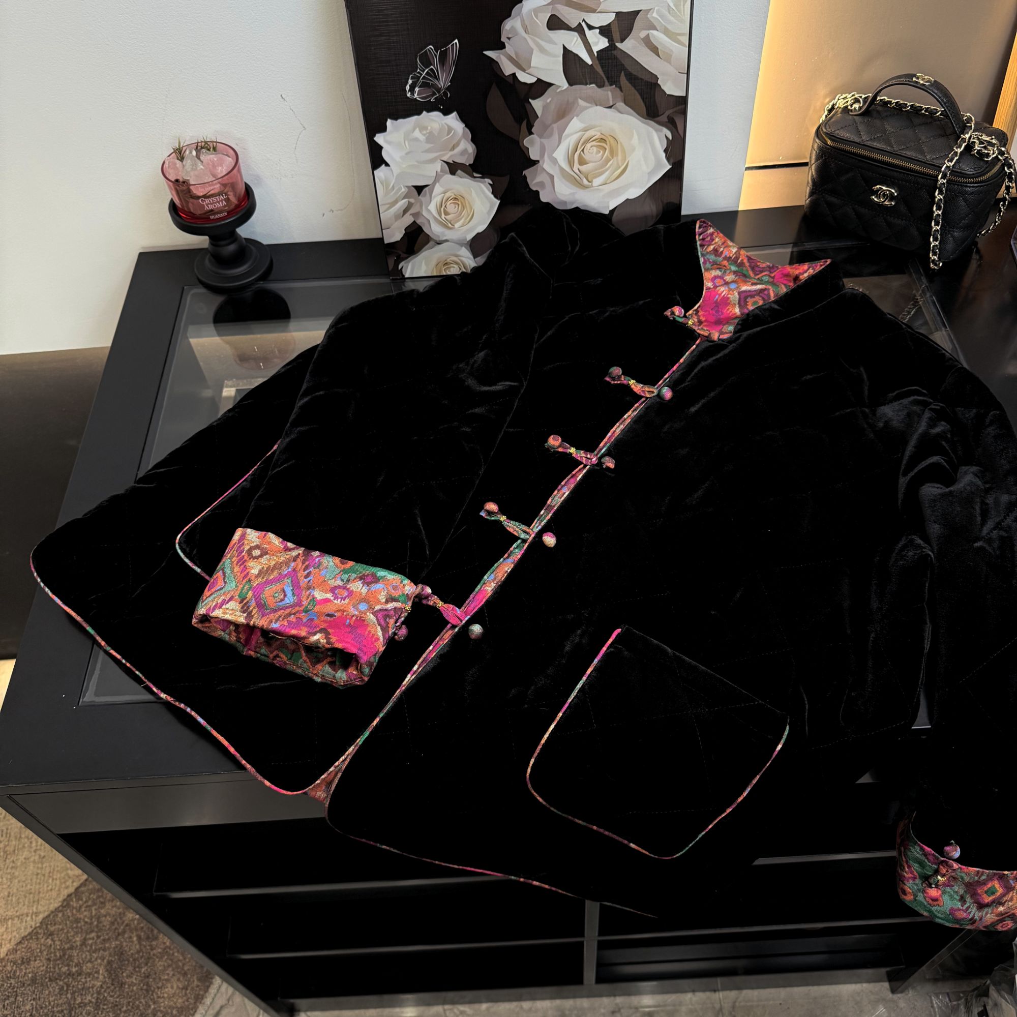 厚款常规修身型长袖菱形格花女款棉服立领中国风套装网红秋冬新款