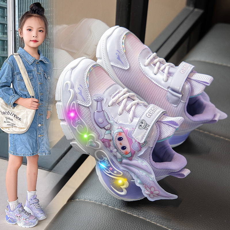 魔术贴儿童运动发光鞋2025春秋新款女童学生跑步网鞋小女孩灯鞋子