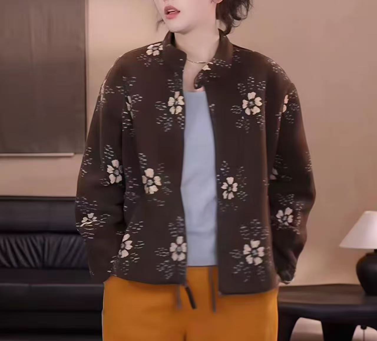 立领防风保暖女款冬款圆领短外套时尚ins重工复古花色颗粒绒