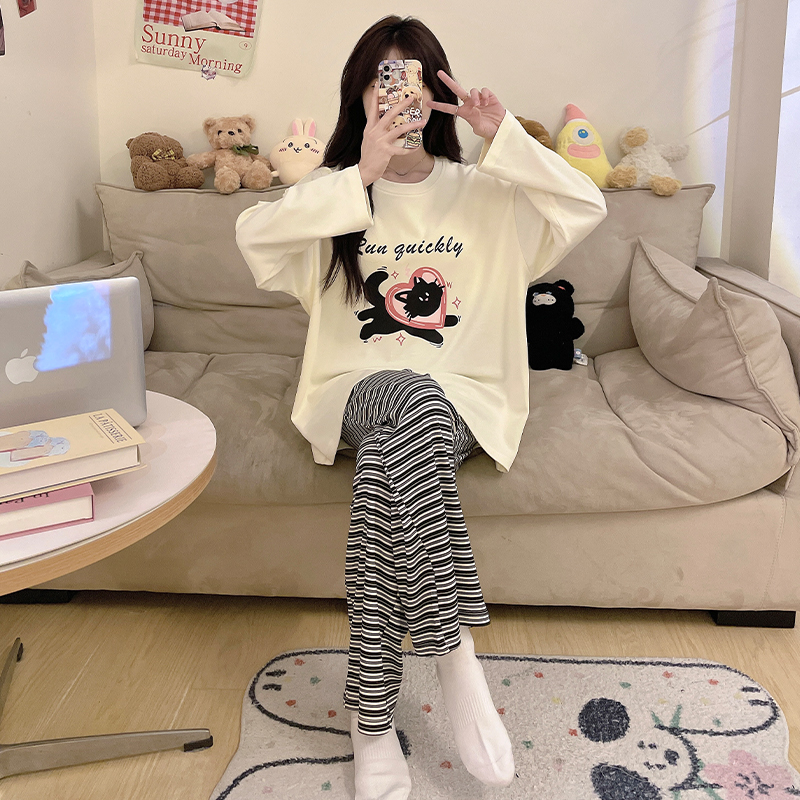 春季新款套头可爱睡衣女士长袖休闲可爱宽松大码可外穿家居服套装
