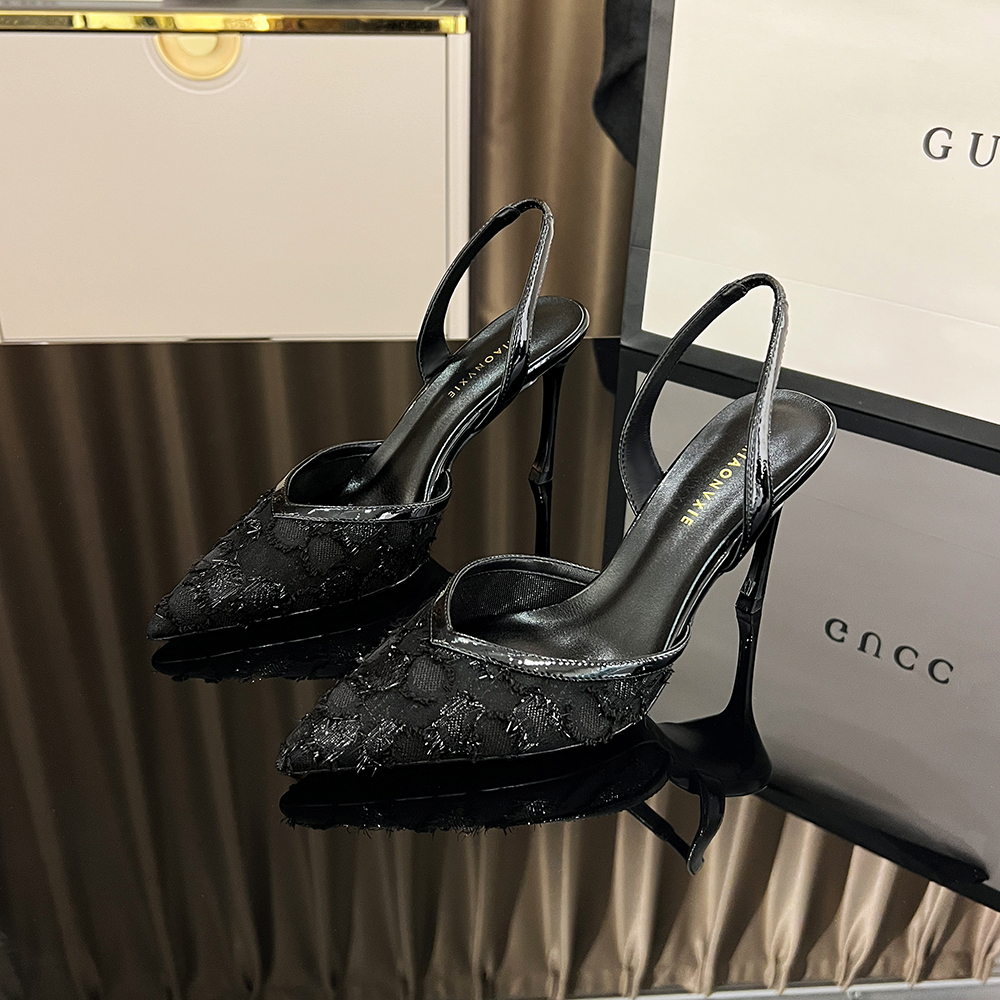 【VIMIAONVXIE】甘师傅匠心之作网纱波点后空一字带凉鞋真皮高跟鞋