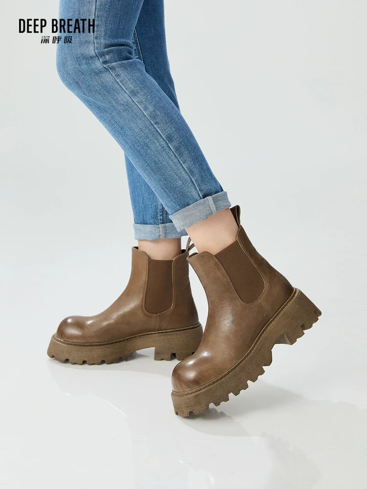 DEEP BREATH深呼吸哥弟真的好水洗牛皮一脚蹬切尔西靴短靴英伦风