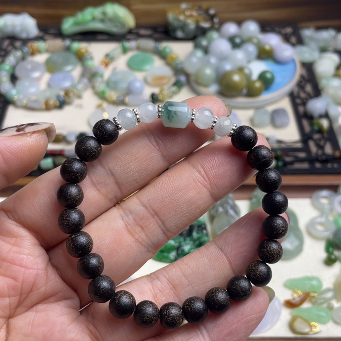 翡翠手链未镶嵌飘花桶珠木珠手链