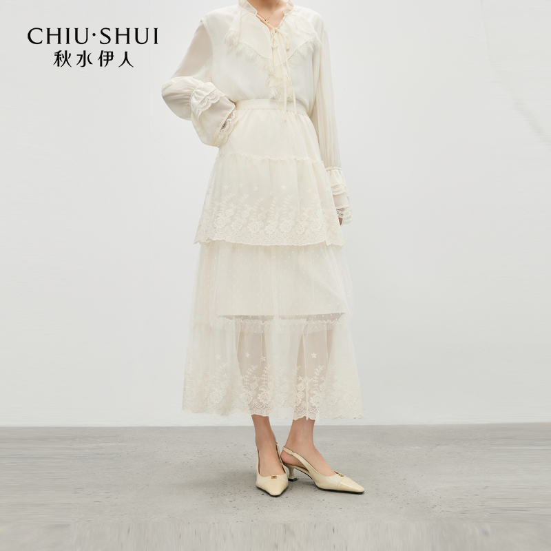 秋水伊人简约半身裙2025年春季新款蕾丝网纱蛋糕裙625101A090173