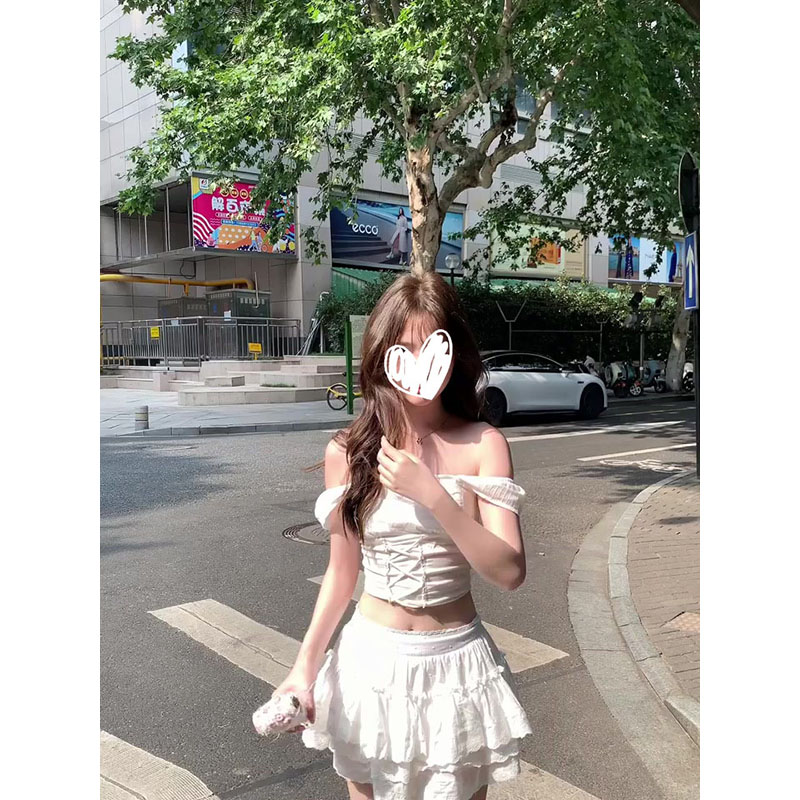 纯欲辣妹风一字肩背心绑带上衣女夏季蛋糕裙A字裙白色裙子两件套