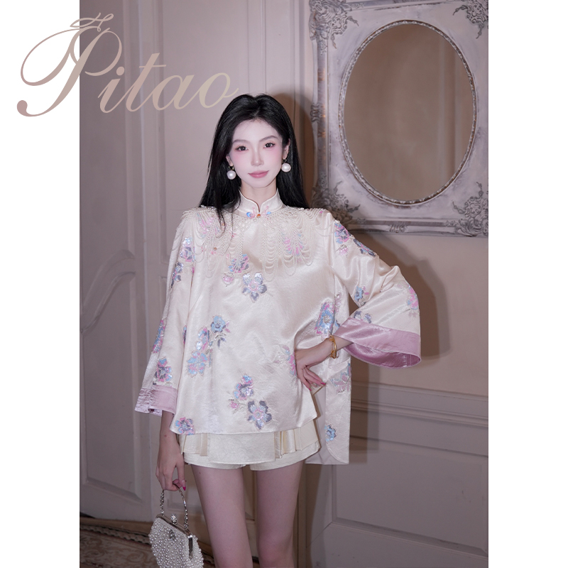 杜屁屁桃PITAO原创【粉黛佳人2.0】秋季新款100醋酸新中式上衣+裙裤