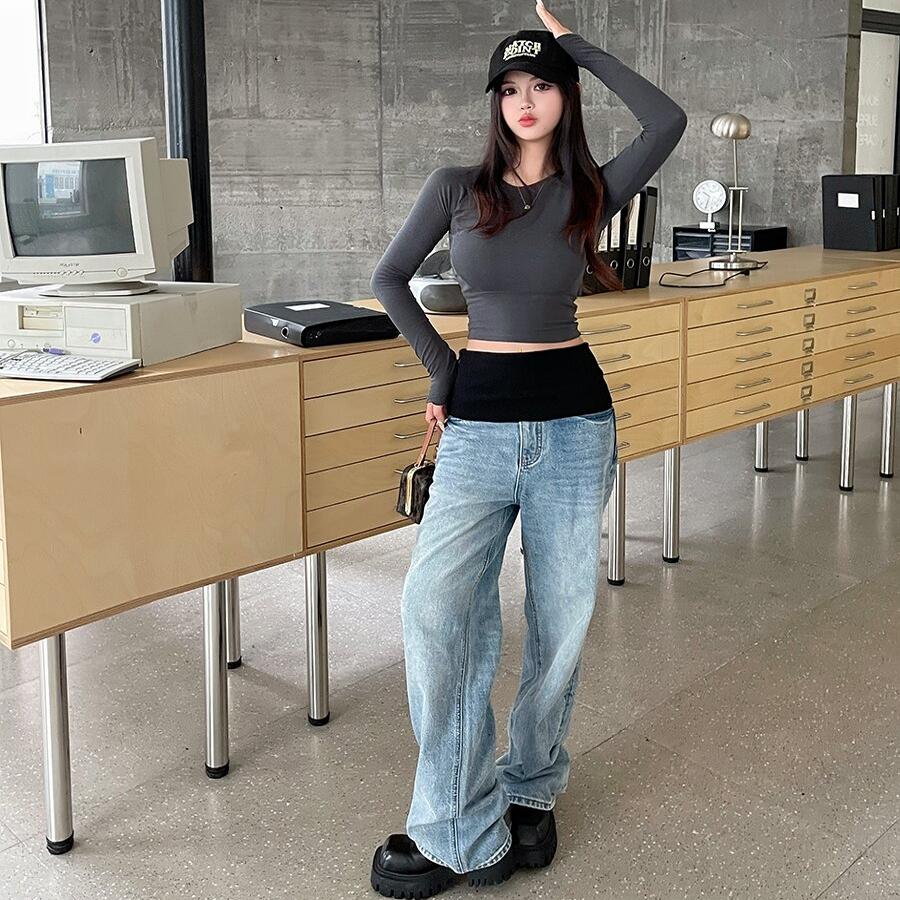 LK240447  百搭拼接牛仔裤女2024秋冬季新款显瘦裤子