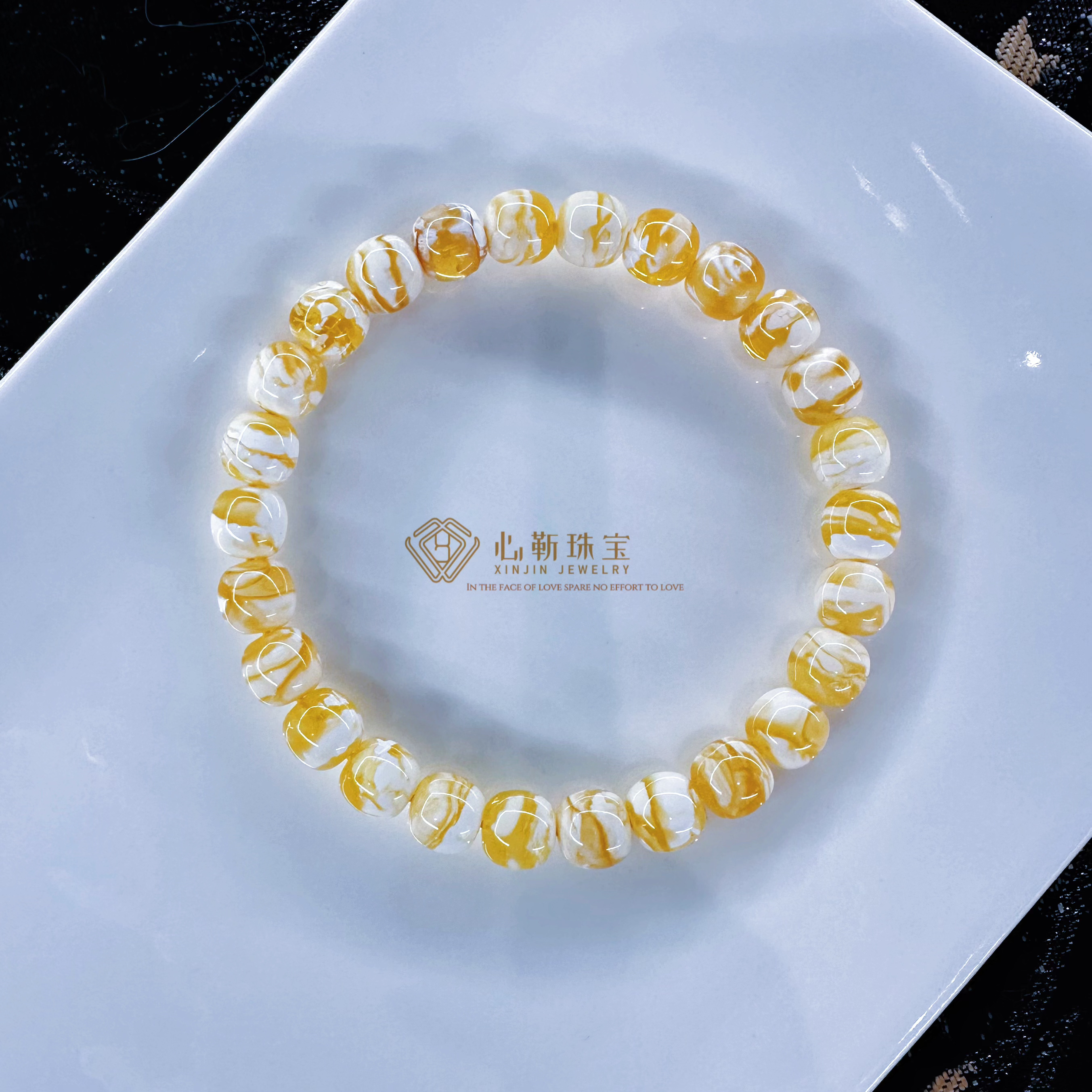 『心靳典藏』8MM金漆瓷白虎皮纹千层雪妖孽纹高桩精工原矿蜜蜡手串