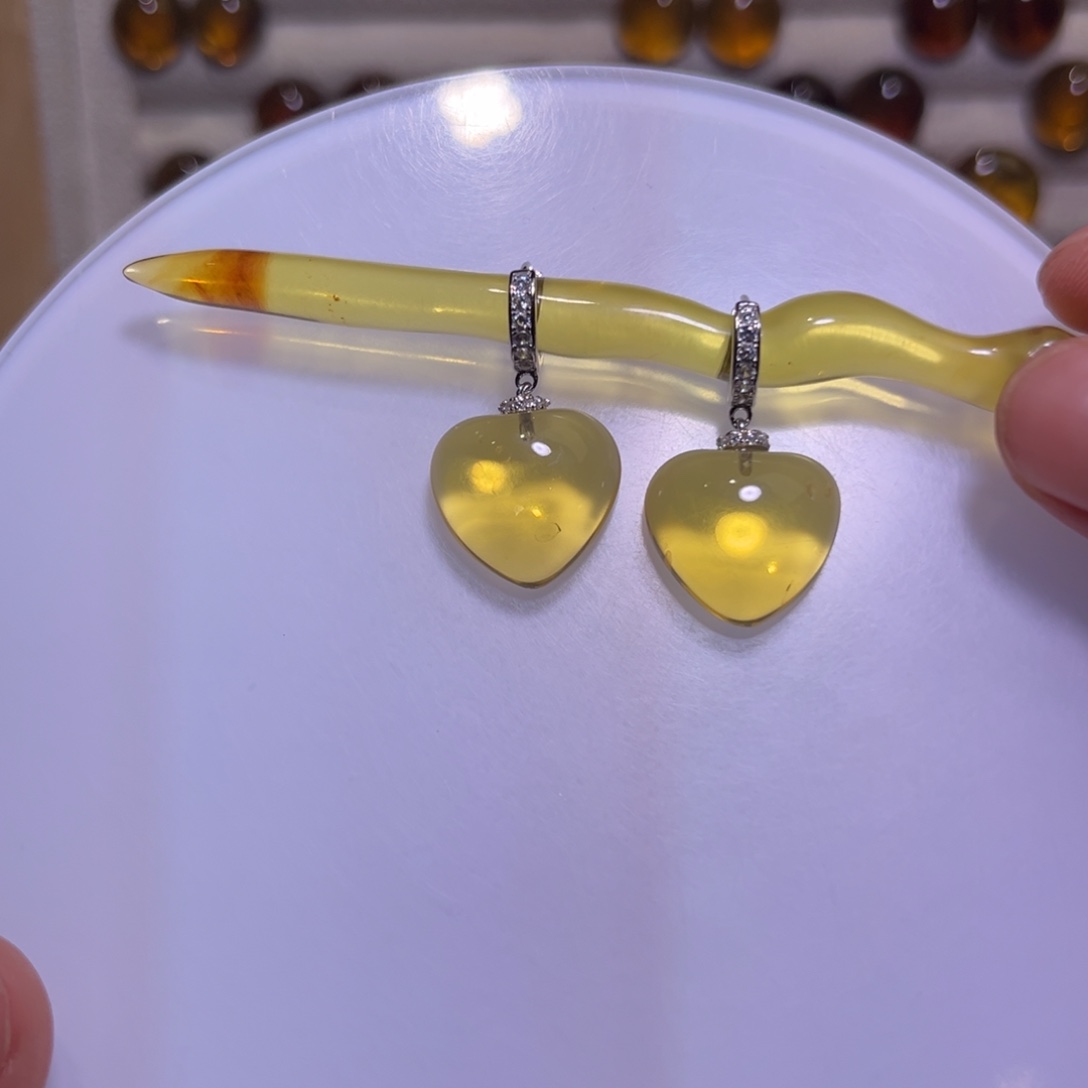 琥珀手镯银S925镶嵌爱心耳坠10号