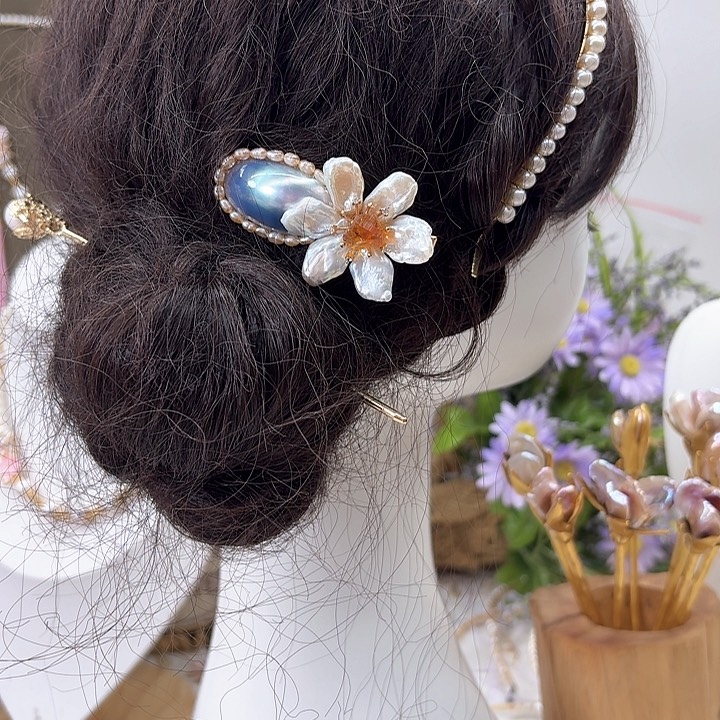 银S925镶嵌淡水珍珠发饰上**水