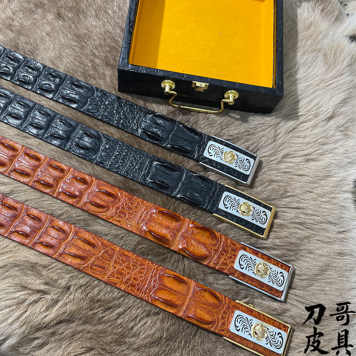 甄选精品湾鳄原皮制作男士鳄鱼皮自动扣腰带真鳄鱼皮正品保真耐用