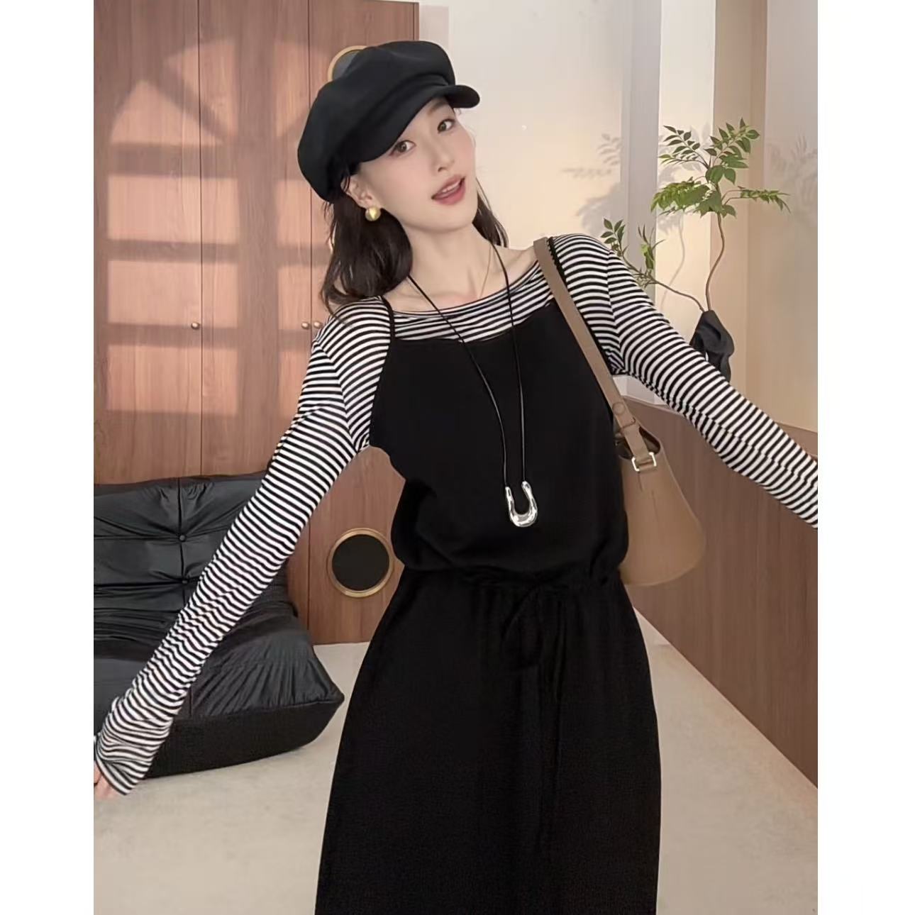 韩系时尚套装女2025早秋季新款3146条纹长袖打底吊带连衣裙两件套