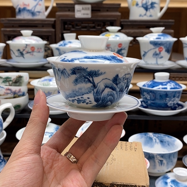 纯手绘山居图130cc盖碗釉下彩微瑕福利款