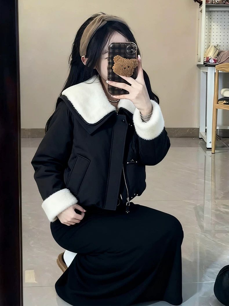 棉衣棉服保暖洋气厚款毛领外套小个子双层领短款翻领